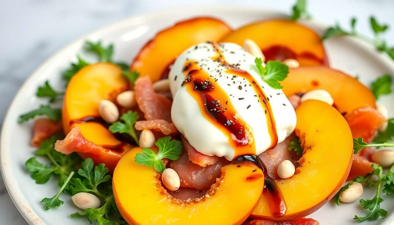 Salade de pêches au culatello et à la burrata